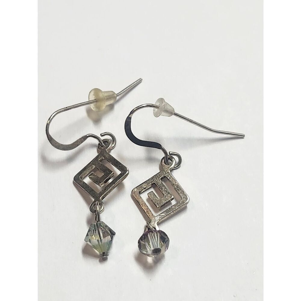 Silver Geometric Drop Earrings with Crystal Beads Sterling Silver Hooks